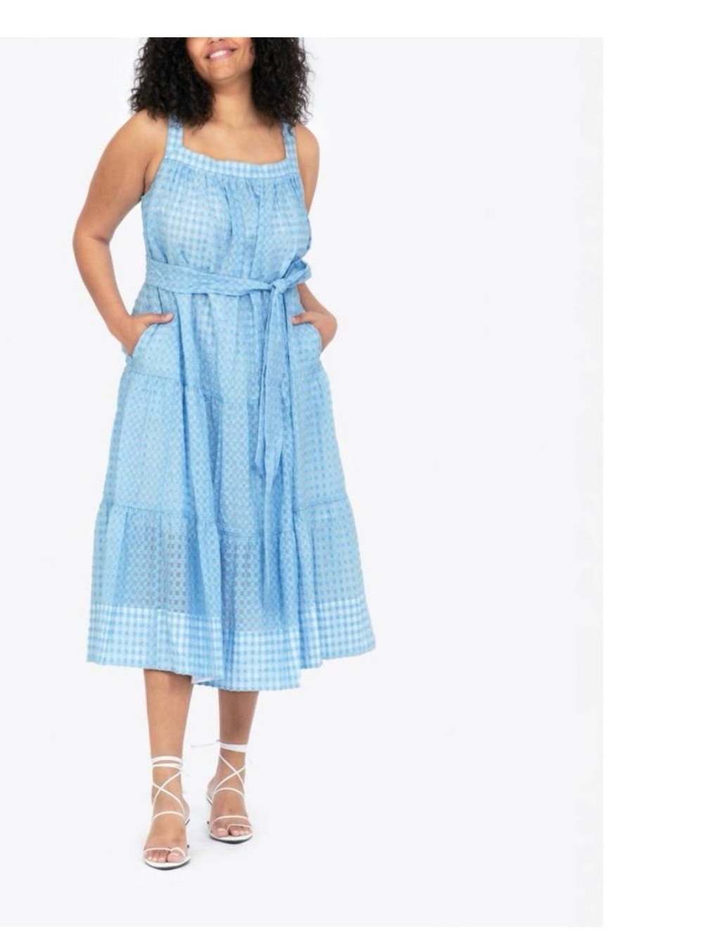 $545 Tanya Taylor Women's Blue Crinkled Gingham Self-Tie Savannah Dress Size 3X